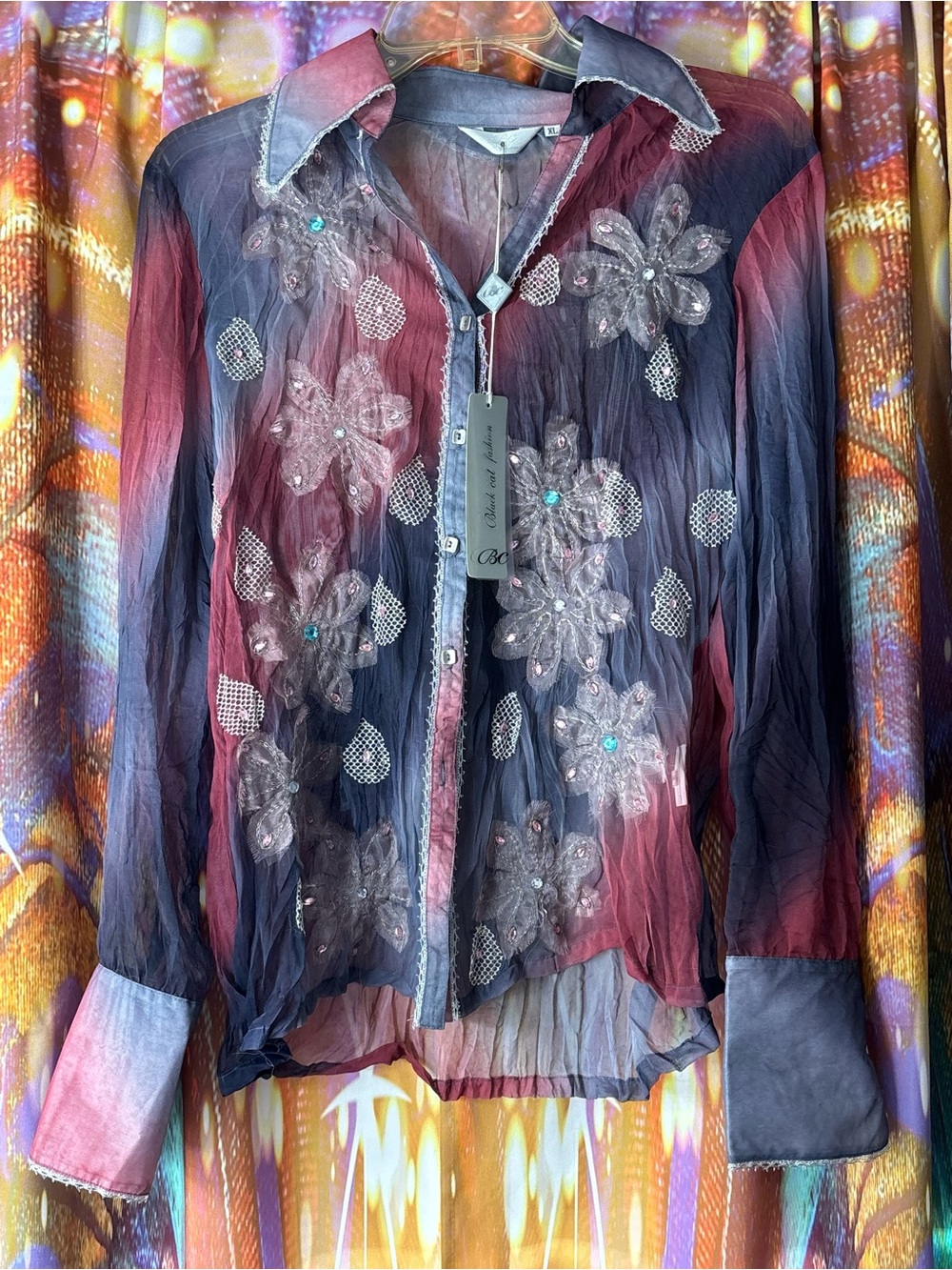 Embellished Sheer Floral Button-Up Top in Blue and Pink ✨ NWT 💜